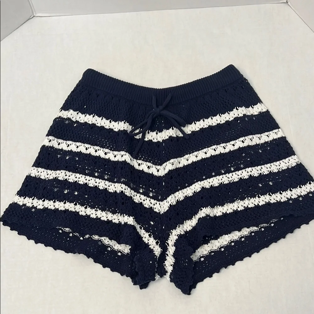 HOUSE OF HARLOW 1960 BLUE & WHITE KNIT COTTON SHORTS MEDIUM